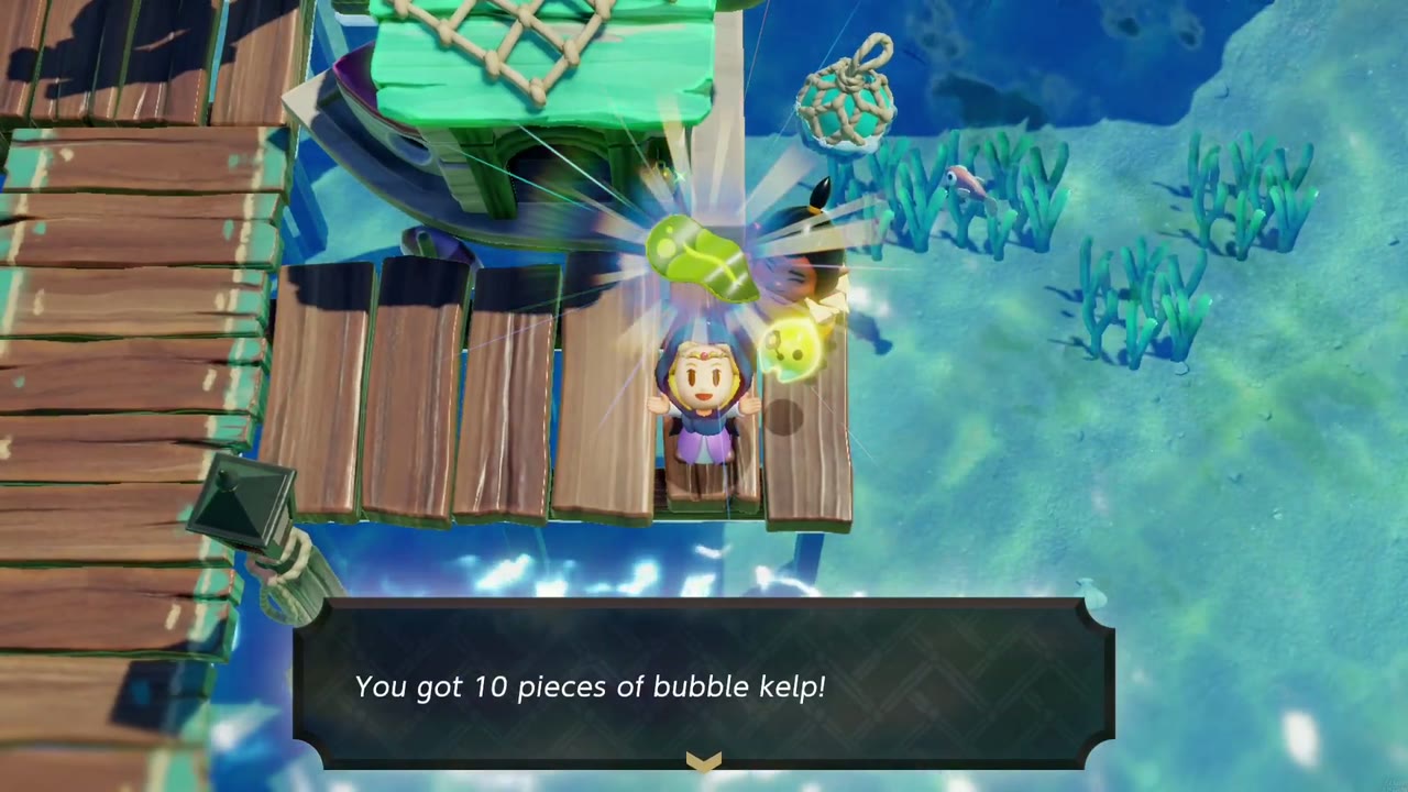 Zelda holds up 10 pieces of Bubble Kelp, the reward for Deliver the Grilled Fish! Zelda holds up 10 pieces of Bubble Kelp, the reward for Deliver the Grilled Fish!