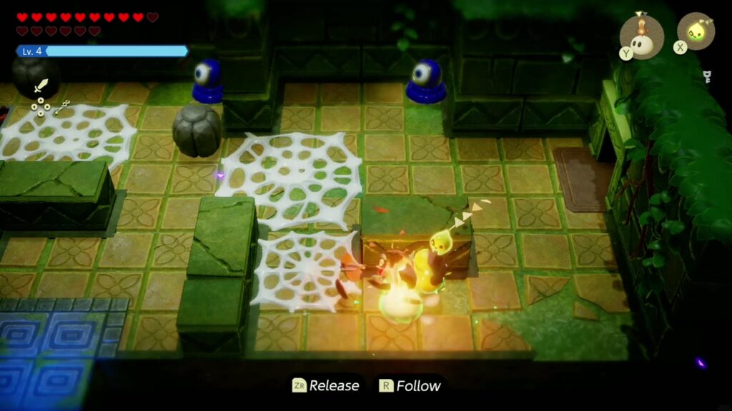 Faron Temple Dungeon - The Legend of Zelda: Echoes of Wisdom Walkthrough 14 Zelda's fire echo burns the white webs in the 3F room of boulders and blue one-eyed enemies.