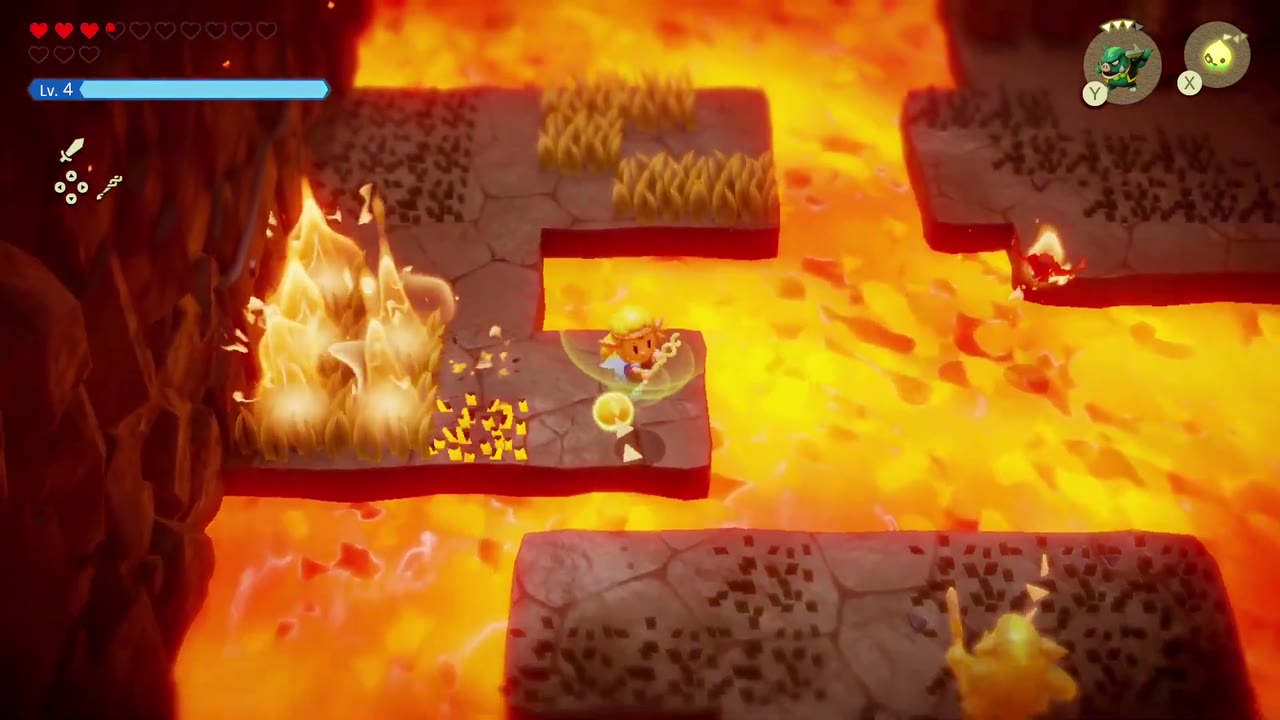 A Mountainous Mystery - The Legend of Zelda: Echoes of Wisdom Walkthrough 14 Fire spreads across the dry grass as Zelda crosses the stone islands.
