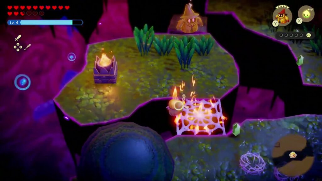 A Rift in the Faron Wetlands - The Legend of Zelda: Echoes of Wisdom Walkthrough 24 A fire echo burns a purple web on the floating islands of Stilled Blossu's House.
