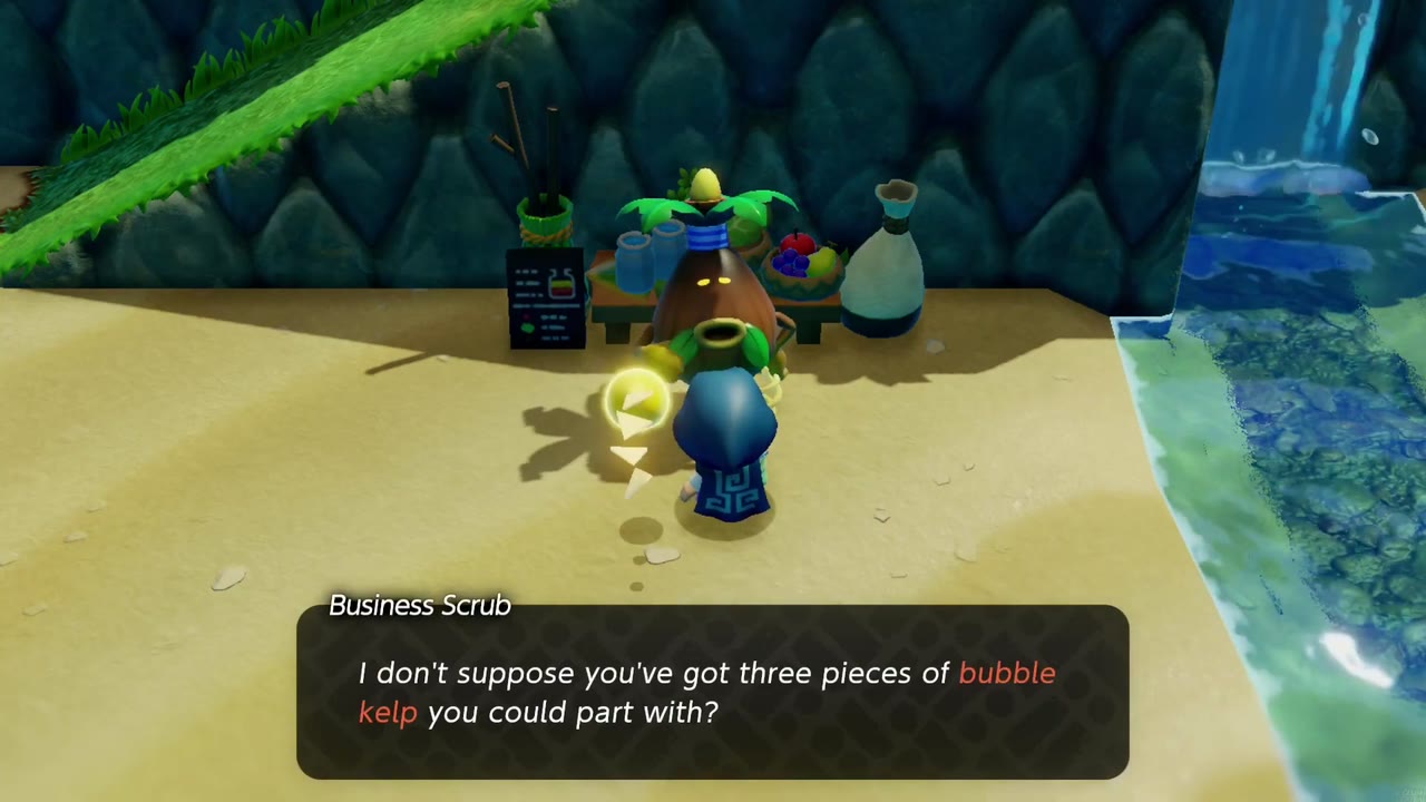 The Business Scrub at the Zora Cove beach asks Zelda for three pieces of Bubble Kelp. The Business Scrub at the Zora Cove beach asks Zelda for three pieces of Bubble Kelp.