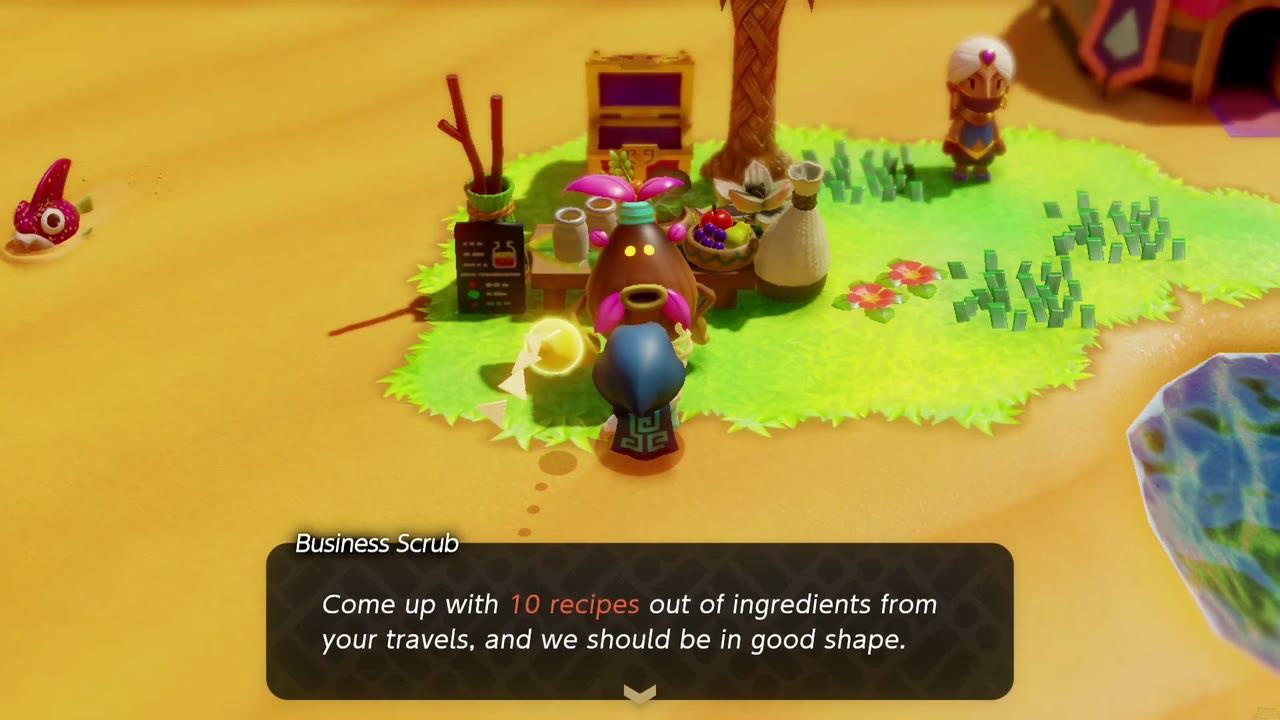 At the Gerudo oasis Smoothie Shop the Business Scrub asks Zelda for 10 new recipes. At the Gerudo oasis Smoothie Shop the Business Scrub asks Zelda for 10 new recipes.