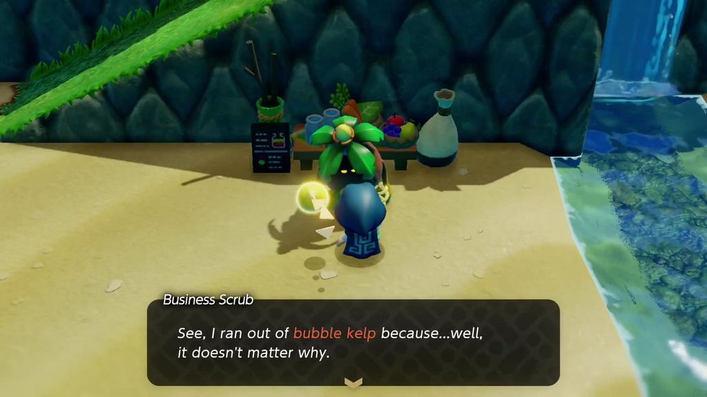 The Jabul Waters Rift - The Legend of Zelda: Echoes of Wisdom Walkthrough 25 The Business Scrub on the Zora Cove beach explains he ran out of Bubble Kelp for his Smoothie Shop.