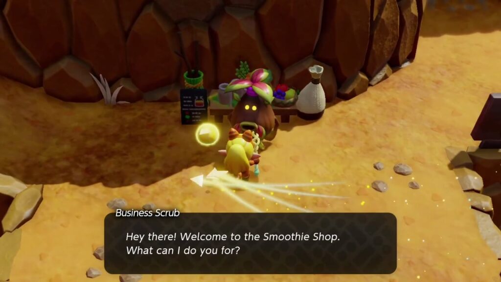 The Rift on Eldin Volcano - The Legend of Zelda: Echoes of Wisdom Walkthrough 4 The Business Scrub welcomes Zelda to its Smoothie Shop at the top of the stairs on Eldin Volcano Trail.