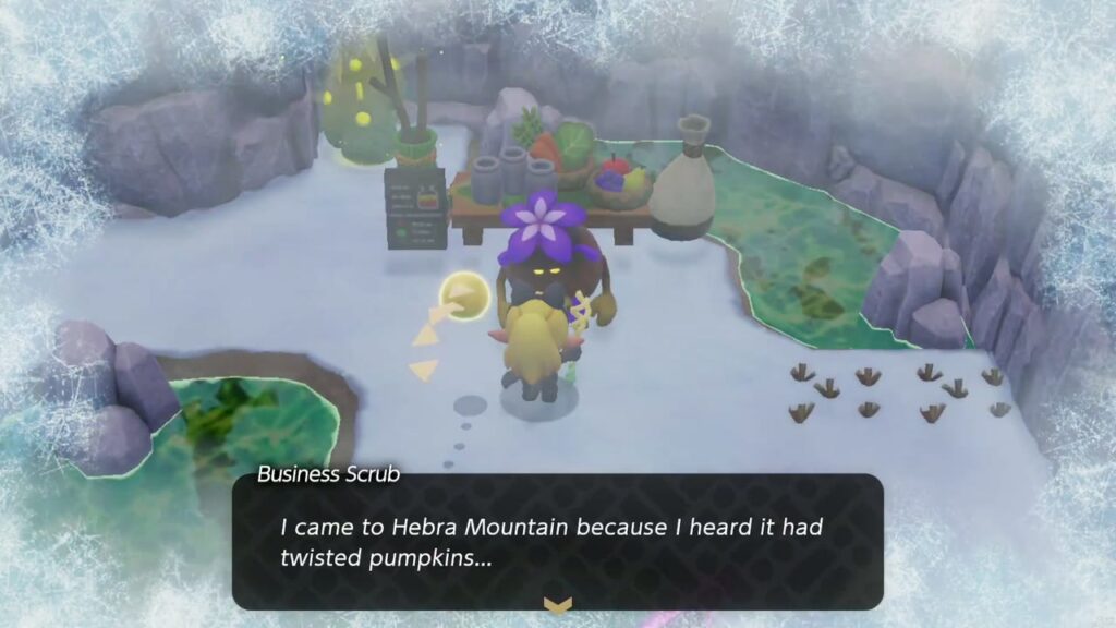 Hebra Mountain: A Rift on Holy Mount Lanayru - The Legend of Zelda: Echoes of Wisdom Walkthrough 23 The Business Scrub at his hidden Hebra Mountain smoothie stand explains he came for twisted pumpkins.