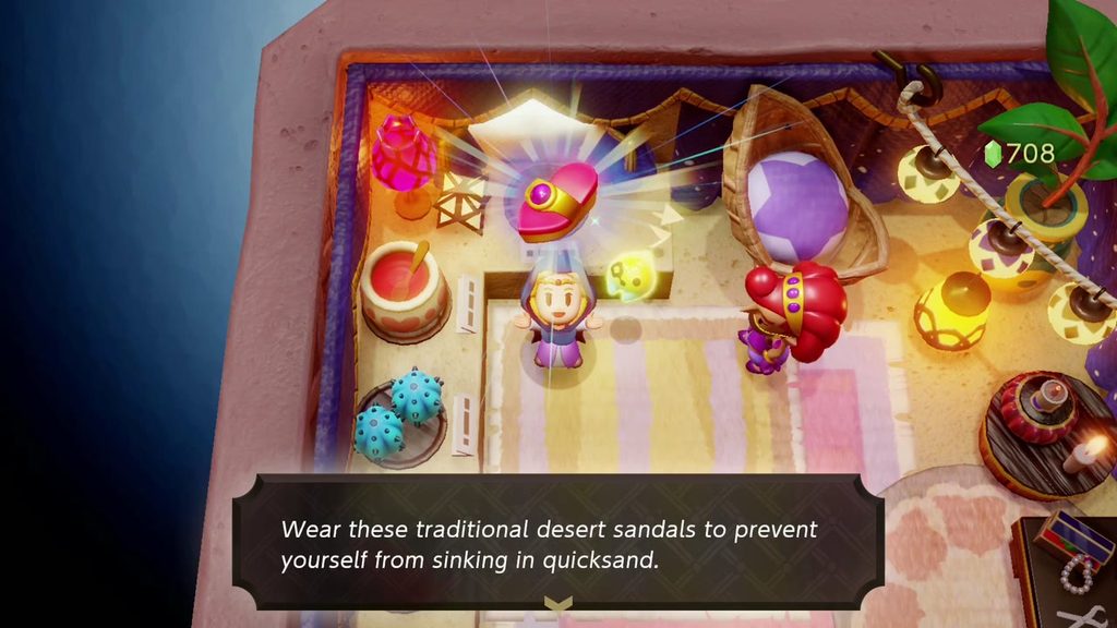 A Rift in the Gerudo Desert - The Legend of Zelda: Echoes of Wisdom Walkthrough 22 Zelda holds up the Gerudo Sandals bought for 400 rupees at the Gerudo Town shop, which stop quicksand sinking.