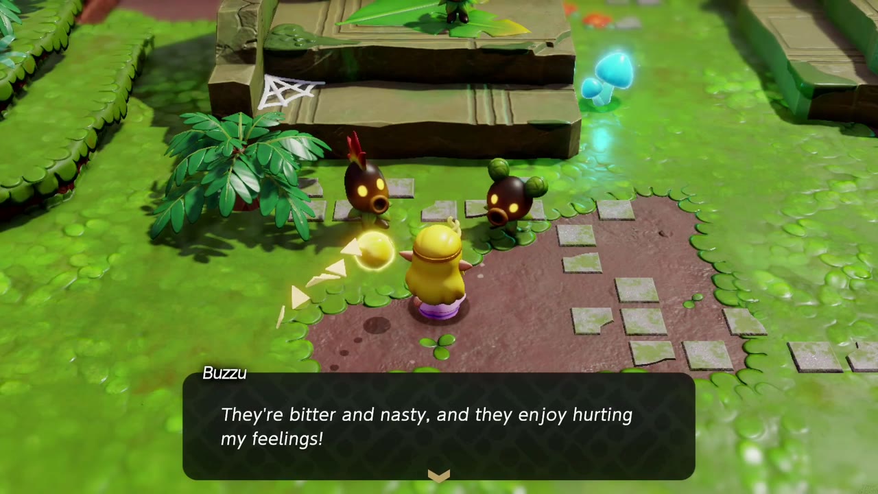 In Scrubton, Buzzu complains about Bempu while Zelda stands between the two quarreling Deku Scrubs. In Scrubton, Buzzu complains about Bempu while Zelda stands between the two quarreling Deku Scrubs.