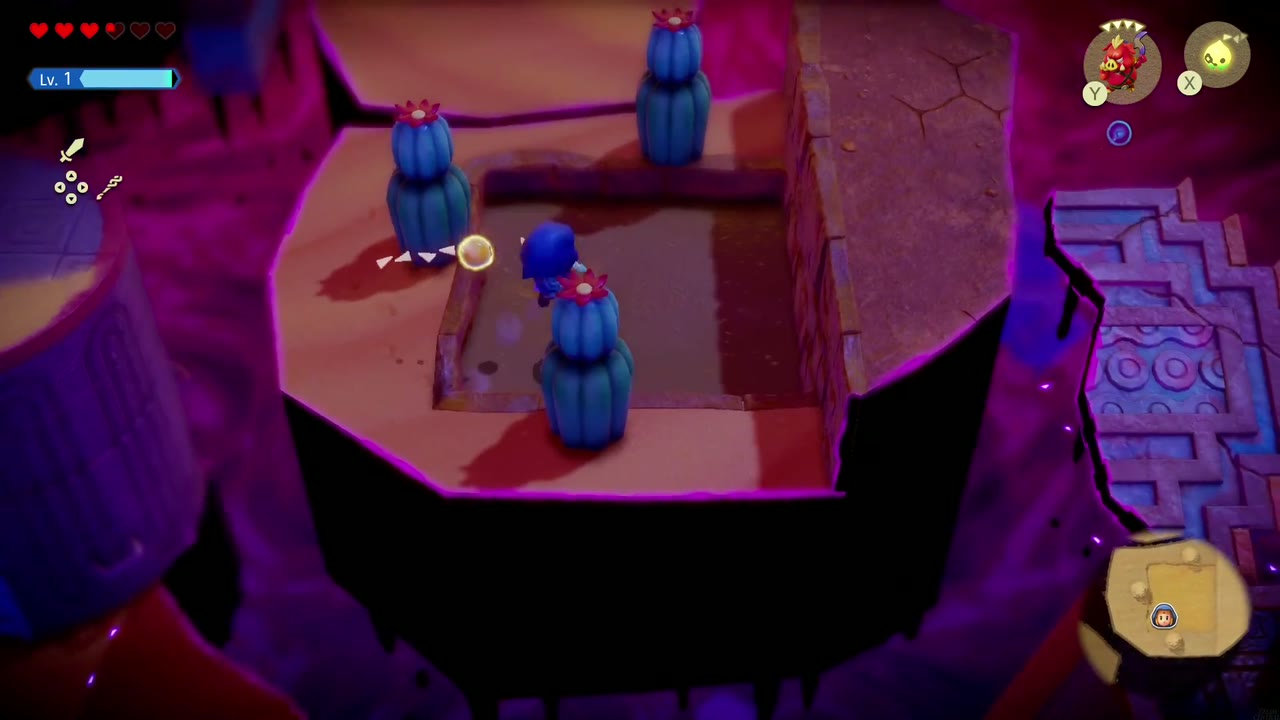 Gerudo Sanctum Dungeon - The Legend of Zelda: Echoes of Wisdom Walkthrough 71 A floating island where cacti ring a sunken sand pit, blocking the way forward.