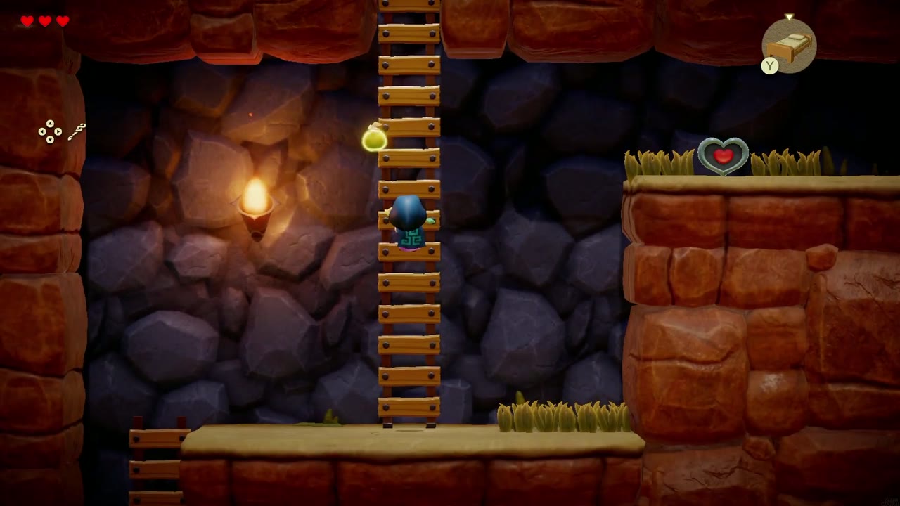 The Mysterious Rifts in Suthorn Forest - The Legend of Zelda: Echoes of Wisdom Walkthrough 46 Zelda climbs a ladder in the Suthorn Forest side-view cave with the Piece of Heart on a ledge