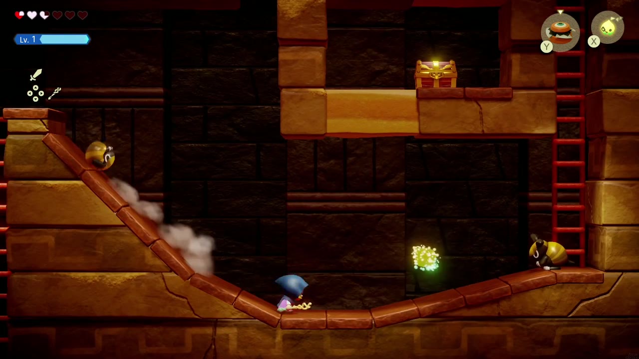 Gerudo Sanctum Dungeon - The Legend of Zelda: Echoes of Wisdom Walkthrough 44 A Caromadillo rolls down the slope at Zelda; the Golden Egg chest sits in a nook up on the right.