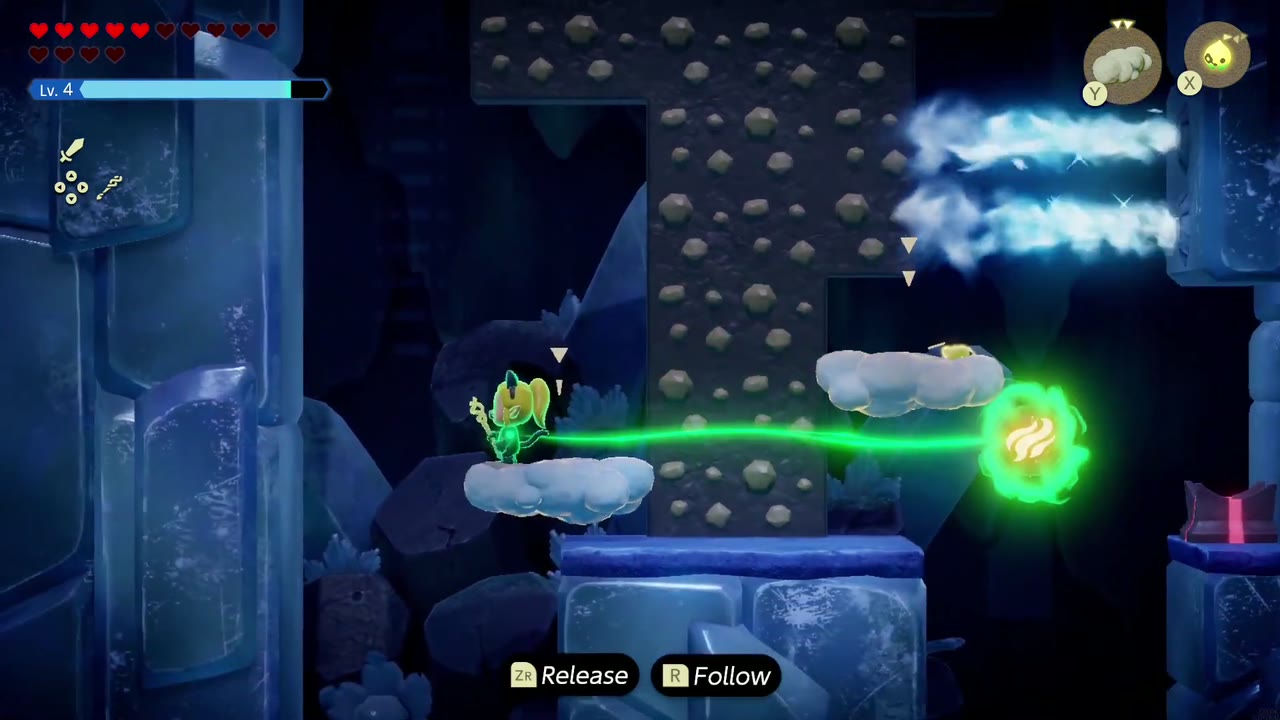 Lanayru Temple Dungeon - The Legend of Zelda: Echoes of Wisdom Walkthrough 27 Zelda stands on a Cloud and drags the fire orb across the side-on room, steering clear of the icy blasts.