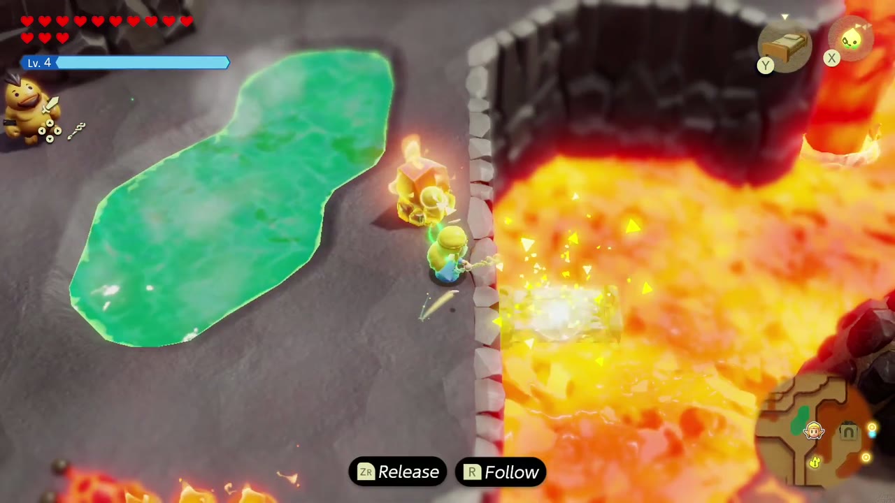 Zelda carries the burning coal with Bind past lava toward Goron City. Zelda carries the burning coal with Bind past lava toward Goron City.