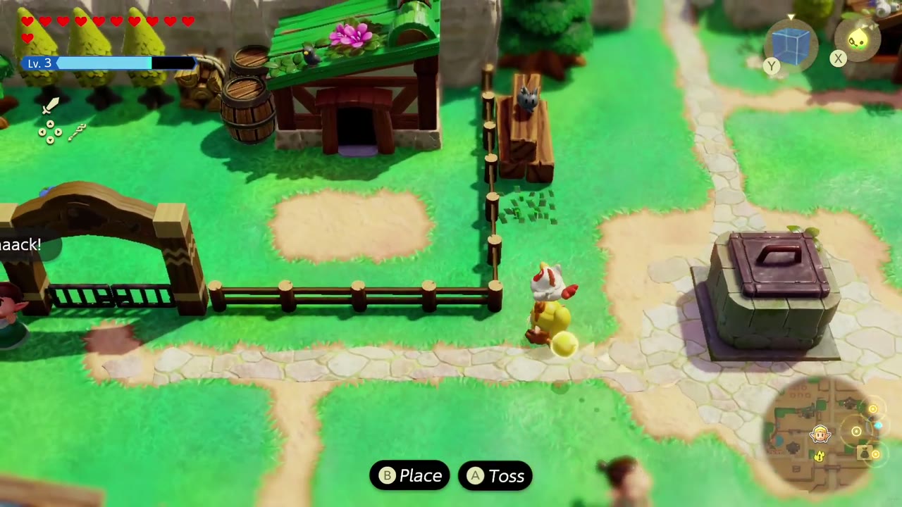 Zelda carries an escaped cucco through Kakariko Village toward the pen. Zelda carries an escaped cucco through Kakariko Village toward the pen.