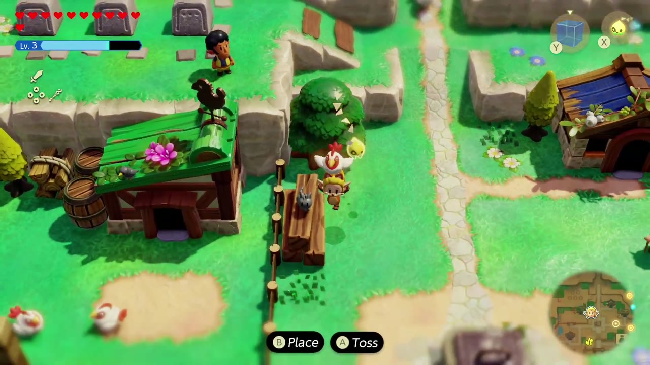 Cuccos on the Loose - The Legend of Zelda: Echoes of Wisdom Walkthrough 7 Zelda carries a cucco along a Kakariko path past a house with a flowered roof.