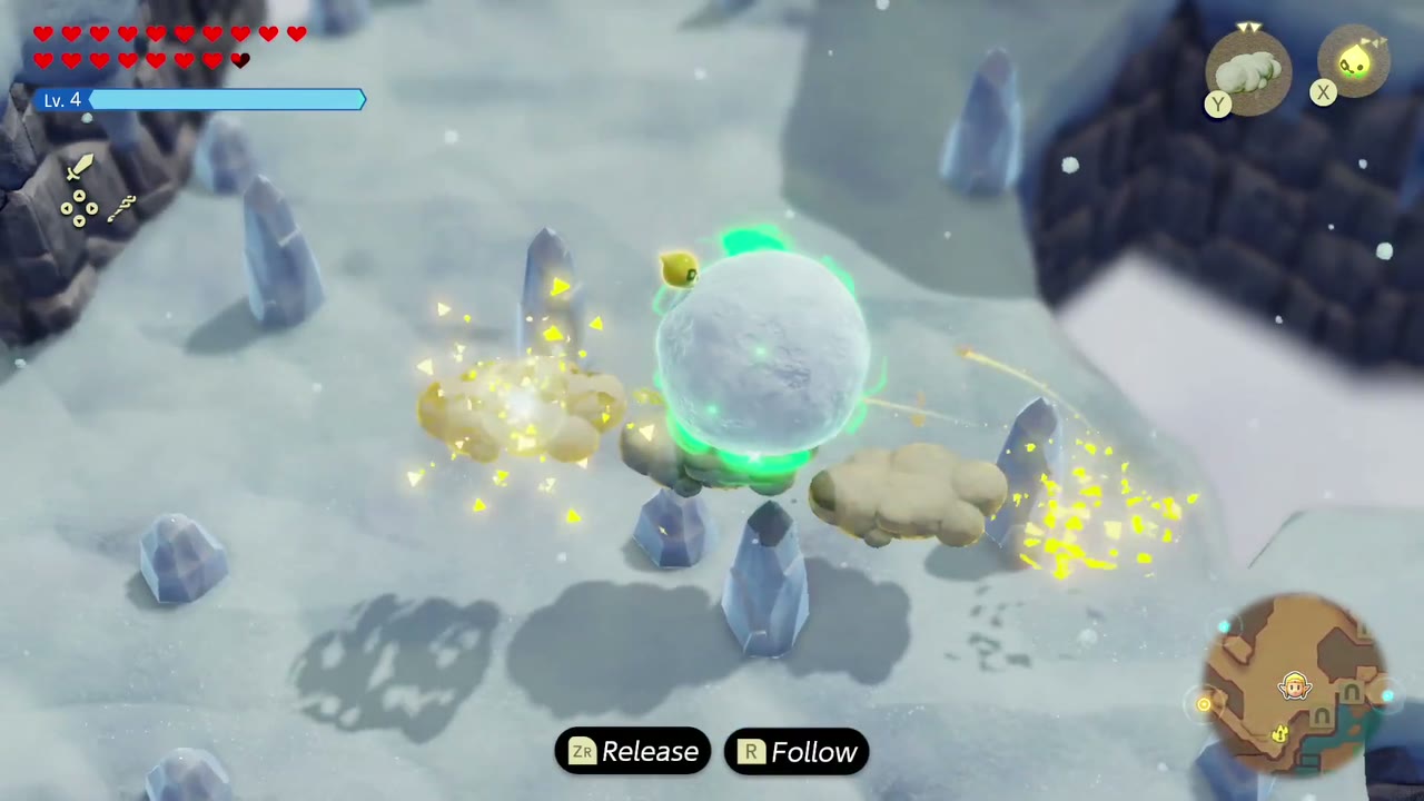 Zelda carries a bound snowball across cloud echoes between Hebra Mountain's icy ledges. Zelda carries a bound snowball across cloud echoes between Hebra Mountain's icy ledges.