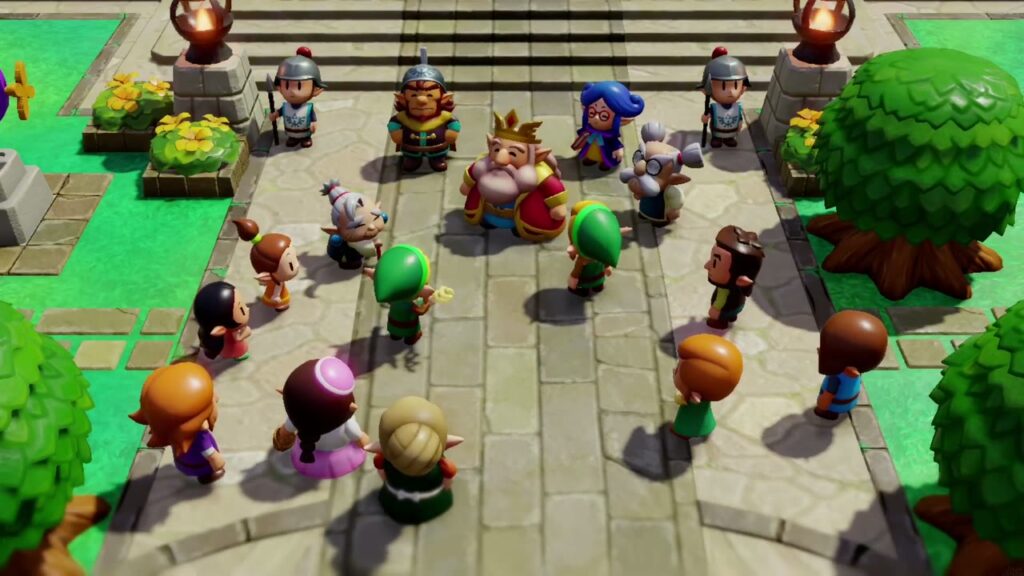 Null's Body: Final Dungeon - The Legend of Zelda: Echoes of Wisdom Walkthrough 61 The King, Impa and a crowd greet Zelda and Link in the Hyrule Castle courtyard celebration.