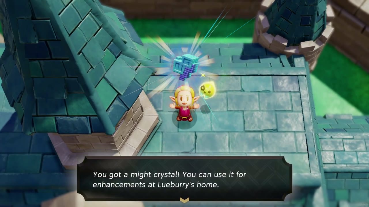 Hyrule Castle: Still Missing - The Legend of Zelda: Echoes of Wisdom Walkthrough 149 Zelda holds up a Might Crystal found on the Hyrule Castle rooftops, reached by climbing with Water Blocks.