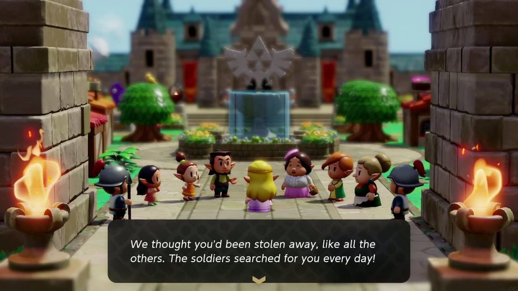 Townsfolk greet Zelda at the Hyrule Castle Town gate, relieved she was not stolen away
