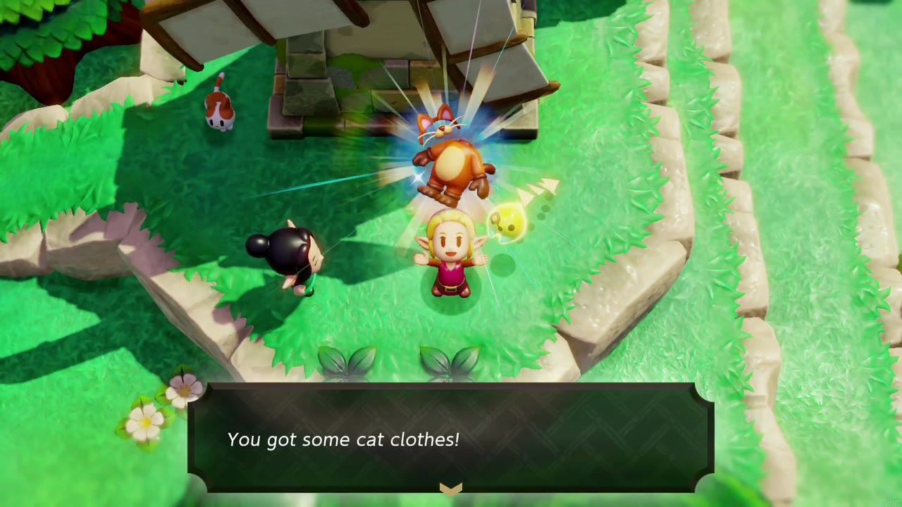 Zelda holds up the Cat Clothes after digging up the shop customer's stash by the windmill. Zelda holds up the Cat Clothes after digging up the shop customer's stash by the windmill.