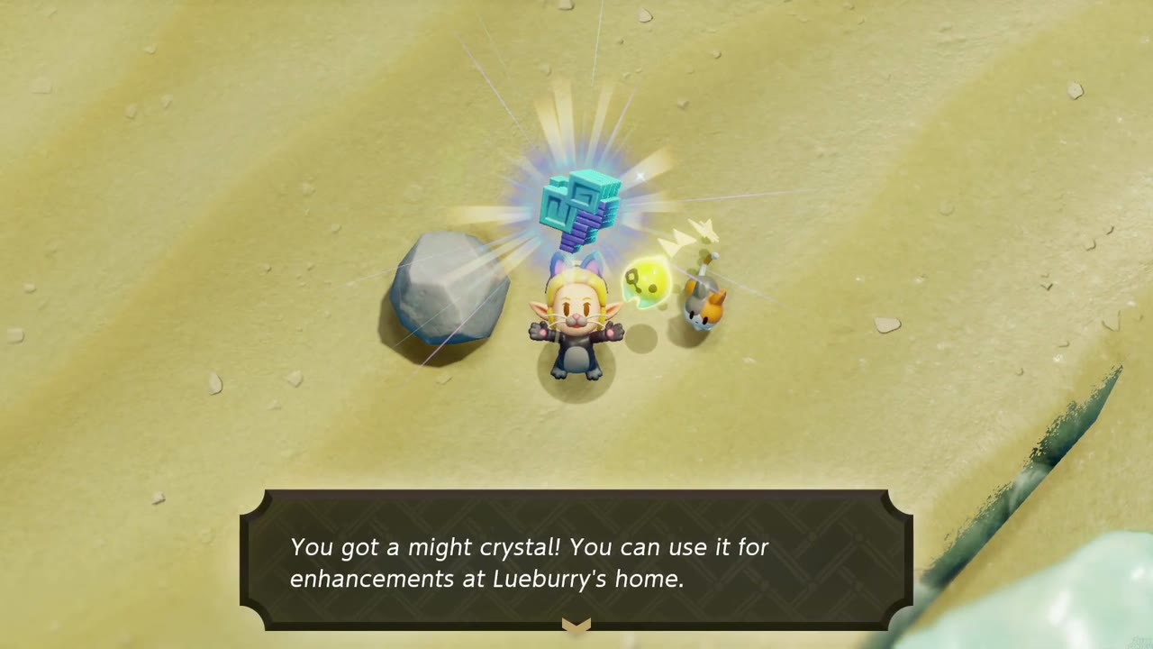 The Seesyde cat rewards Zelda with a Might Crystal for A Treat for My Person. The Seesyde cat rewards Zelda with a Might Crystal for A Treat for My Person.