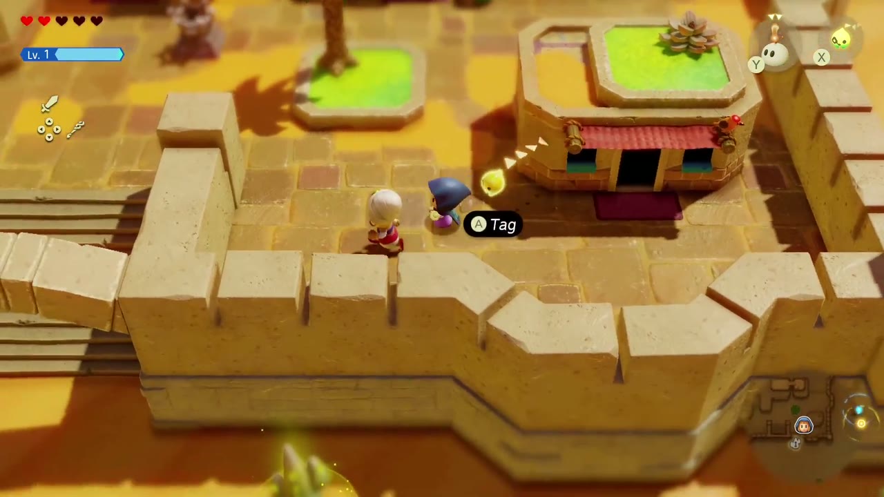 Zelda catches up with the running soldier and the Tag prompt appears in Gerudo Tag Training. Zelda catches up with the running soldier and the Tag prompt appears in Gerudo Tag Training.