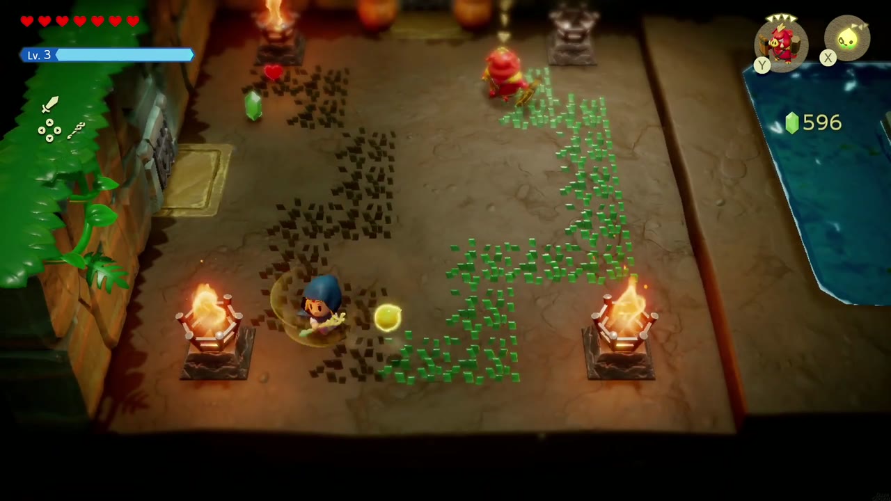 The Jabul Waters Rift - The Legend of Zelda: Echoes of Wisdom Walkthrough 95 The Zora Cove cave's torch room: four lit braziers and a barred door that stays shut while they burn.