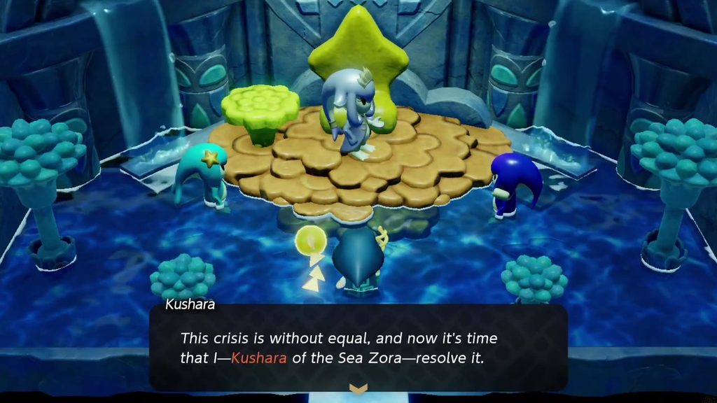 The Jabul Waters Rift - The Legend of Zelda: Echoes of Wisdom Walkthrough 23 Chief Kushara on her throne in Sea Zora Village with Rogma, vowing to resolve the crisis herself.