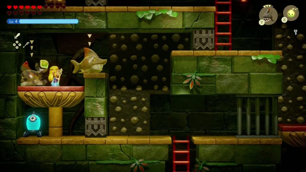 Faron Temple Dungeon - The Legend of Zelda: Echoes of Wisdom Walkthrough 18 Two Chompfin echoes rest on the left goblet pedestal above the blue eye switch in the side-view room.