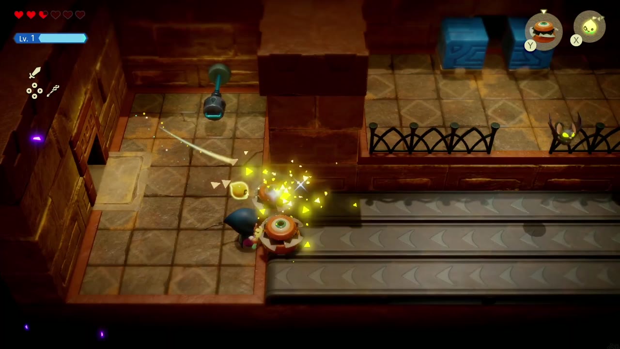 Gerudo Sanctum Dungeon - The Legend of Zelda: Echoes of Wisdom Walkthrough 19 Zelda fights a spinning top enemy at the start of the conveyor room while a Keese flits nearby.