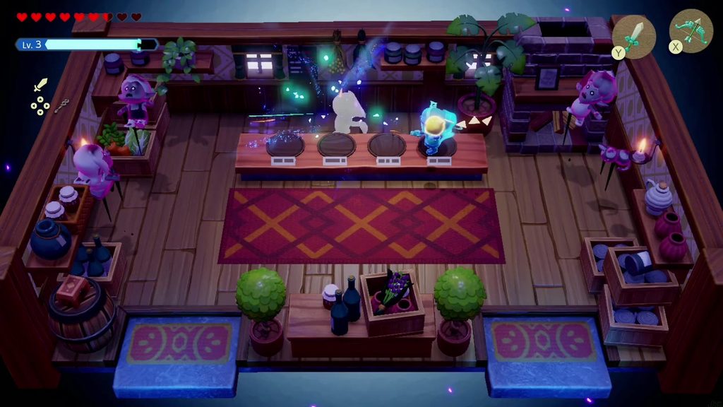Hyrule Castle: Still Missing - The Legend of Zelda: Echoes of Wisdom Walkthrough 18 Swordfighter Zelda clears the last enemies along the counter of the stilled item shop.