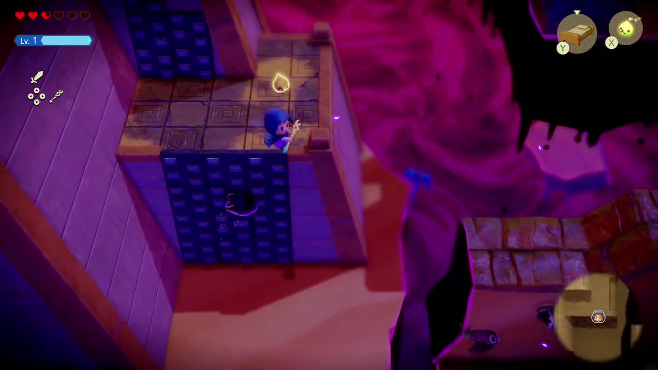 Gerudo Sanctum Dungeon - The Legend of Zelda: Echoes of Wisdom Walkthrough 80 Zelda climbs down the blue climbable wall on the right side of the roof to the sand ledges.