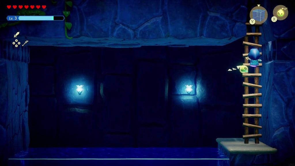 Zelda climbs the ladder out of the dark side-scroll room toward the flooded cage room.