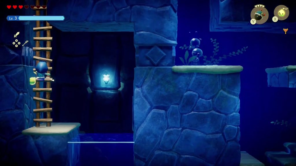 Zelda climbs the ladder out of the underwater passage back up to the hatch room in Jabul Ruins.