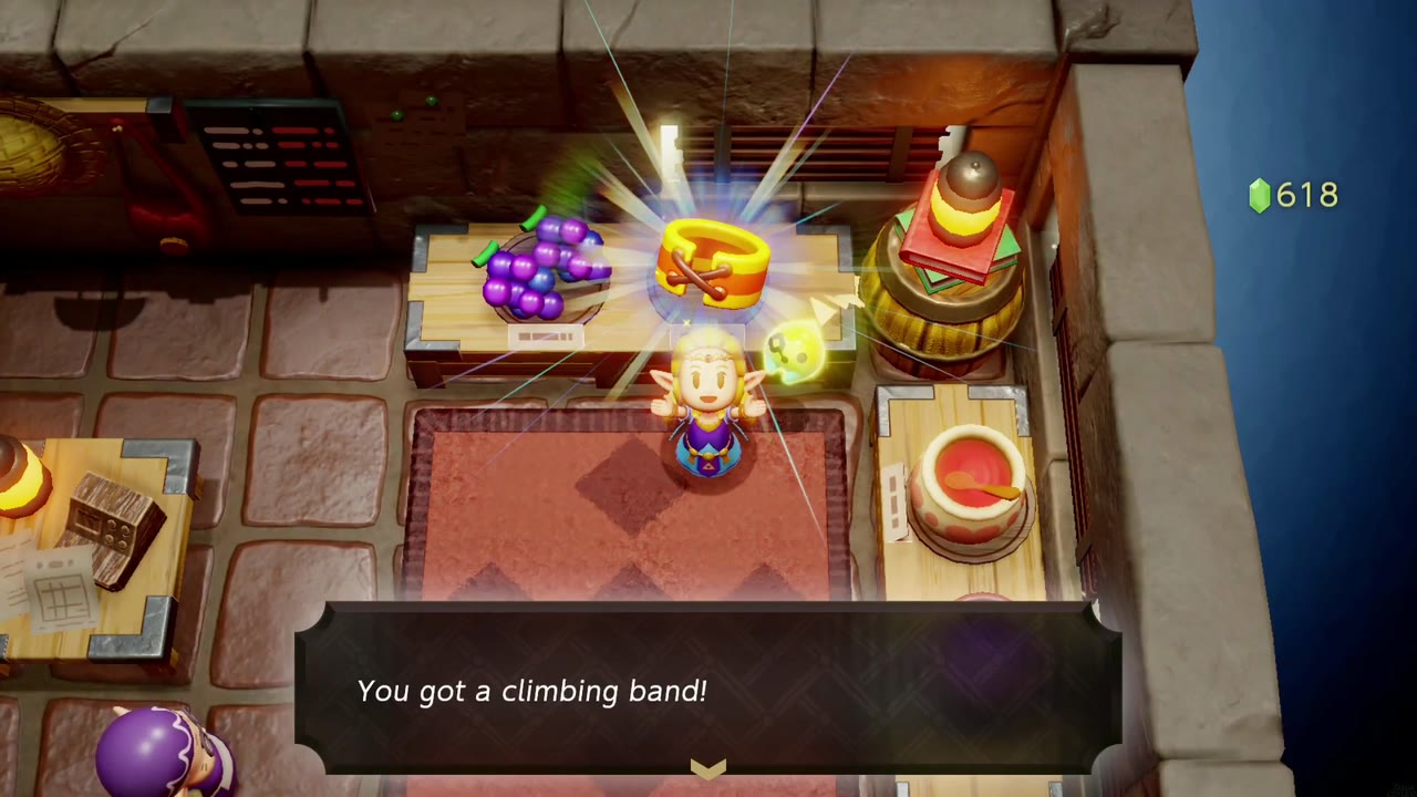 Zelda holds up the Climbing Band at the counter of the Kakariko Village Shop Zelda holds up the Climbing Band at the counter of the Kakariko Village Shop