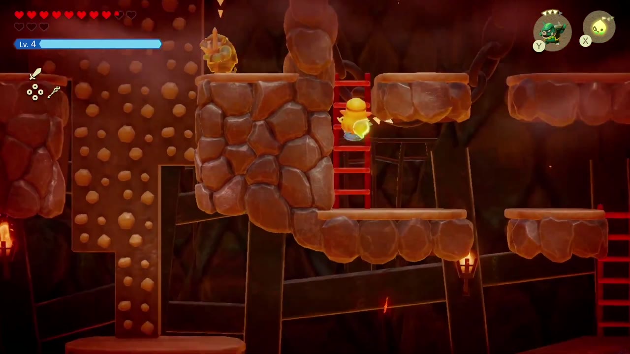 A Mountainous Mystery - The Legend of Zelda: Echoes of Wisdom Walkthrough 20 Zelda climbs a red ladder between the rock pillars above the lava.