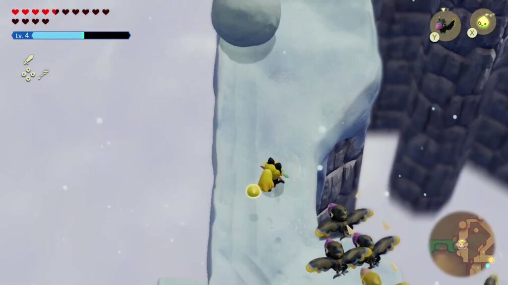 Hebra Mountain: A Rift on Holy Mount Lanayru - The Legend of Zelda: Echoes of Wisdom Walkthrough 108 Zelda climbs the snow terraces past a flock of crows toward the heart platform
