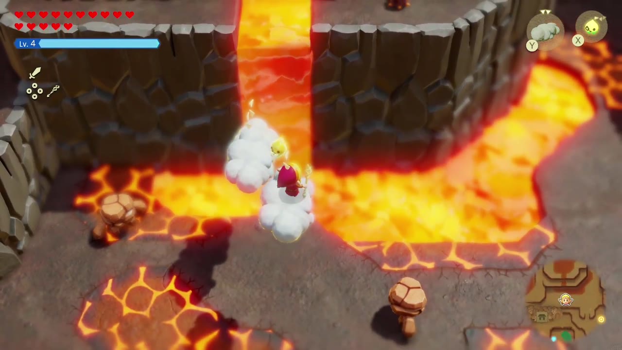 Zelda crosses a lava flow on Cloud echoes north of Goron City. Zelda crosses a lava flow on Cloud echoes north of Goron City.
