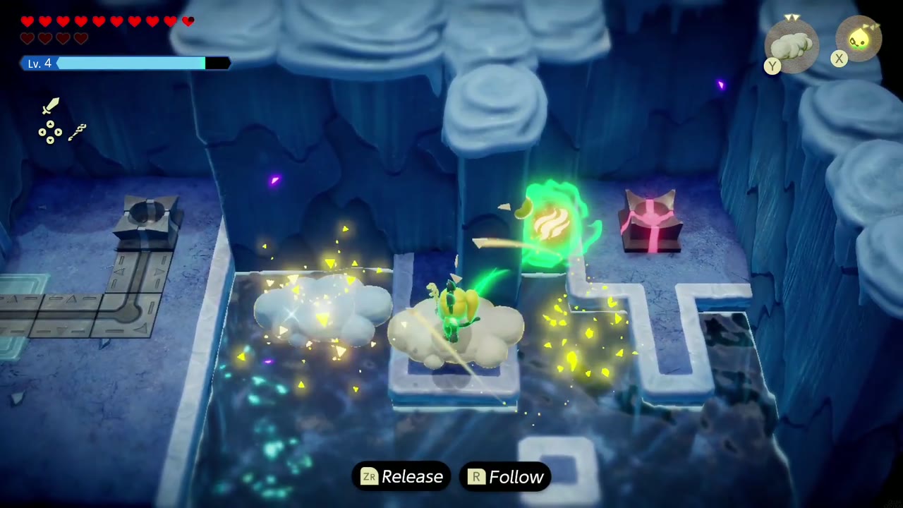 Lanayru Temple Dungeon - The Legend of Zelda: Echoes of Wisdom Walkthrough 7 Zelda lays Cloud echoes across the dark water toward the fire orb on its red pedestal.