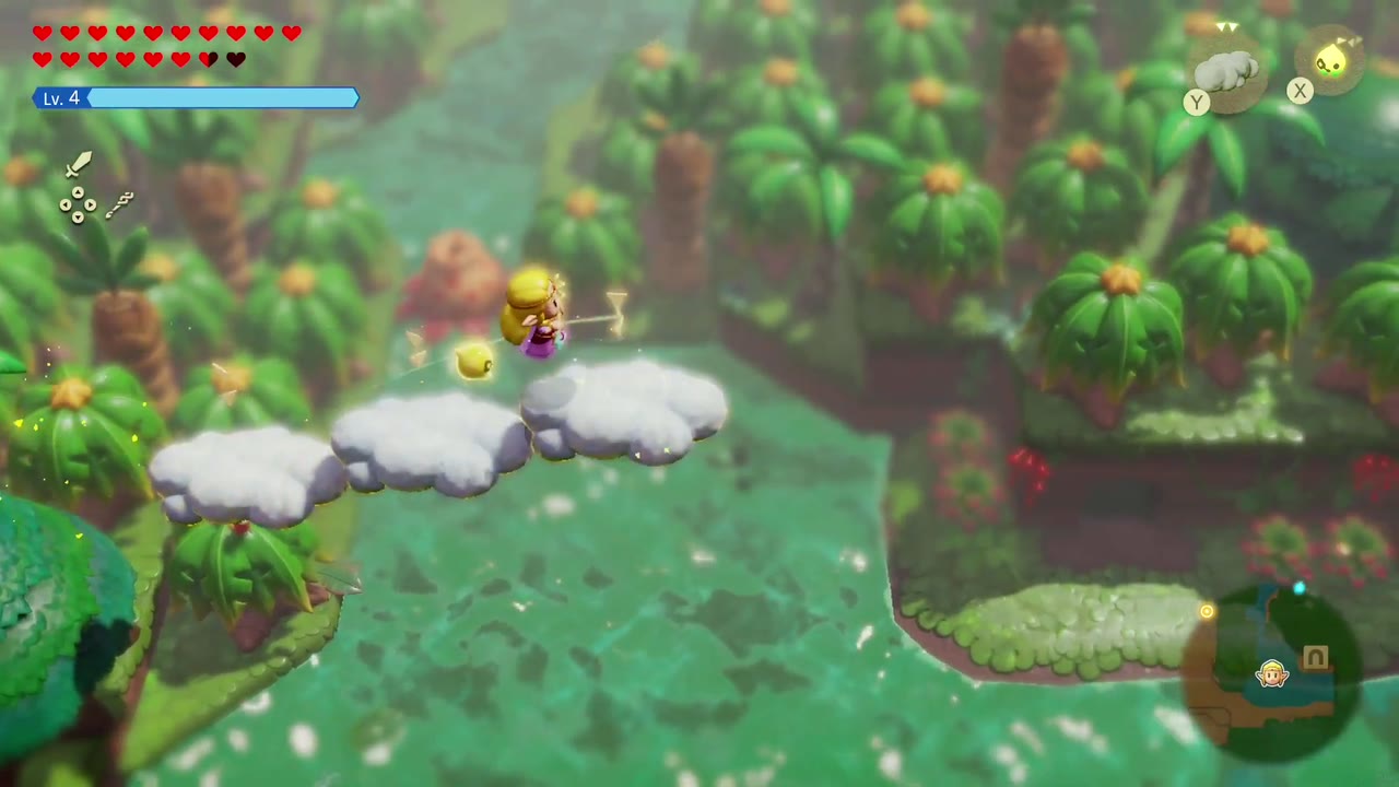 Zelda crosses Faron Wetlands water on a row of Cloud echoes heading south toward the Hidden Ruins. Zelda crosses Faron Wetlands water on a row of Cloud echoes heading south toward the Hidden Ruins.