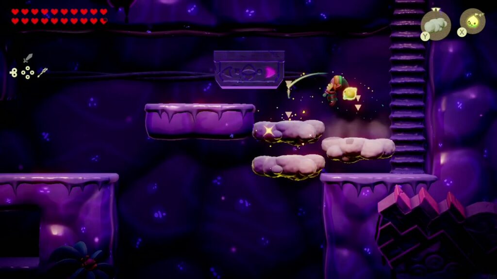 Null's Body: Final Dungeon - The Legend of Zelda: Echoes of Wisdom Walkthrough 19 In the side-view section, Zelda hops across Cloud echoes toward a ladder on the right.