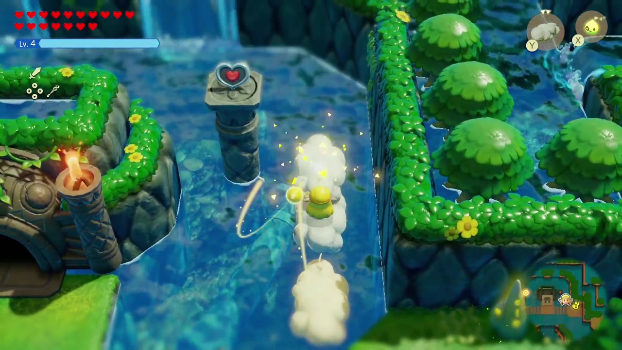 The Jabul Waters Rift - The Legend of Zelda: Echoes of Wisdom Walkthrough 88 Zelda rides Cloud echoes up beside the stone pillar topped with a Piece of Heart next to Jabu-Jabu's Den.