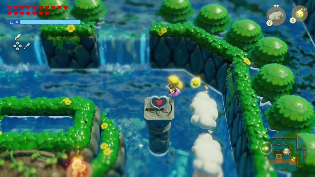 Zelda springt auf Wolkenechos neben der Steinsäule, die mit einem Herzteil gekrönt ist, in der Nähe von Jabu-Jabus Höhle.