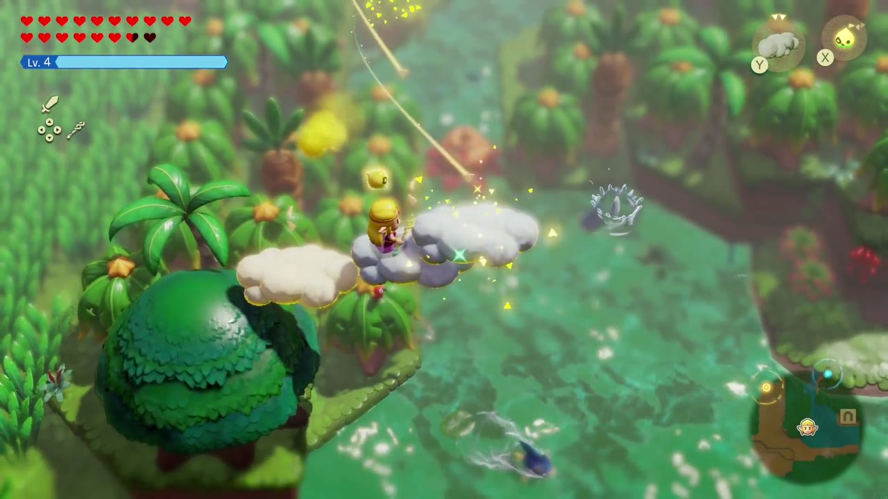 Zelda lays a row of Cloud echoes from a bush-topped island out over the Faron Wetlands water. Zelda lays a row of Cloud echoes from a bush-topped island out over the Faron Wetlands water.