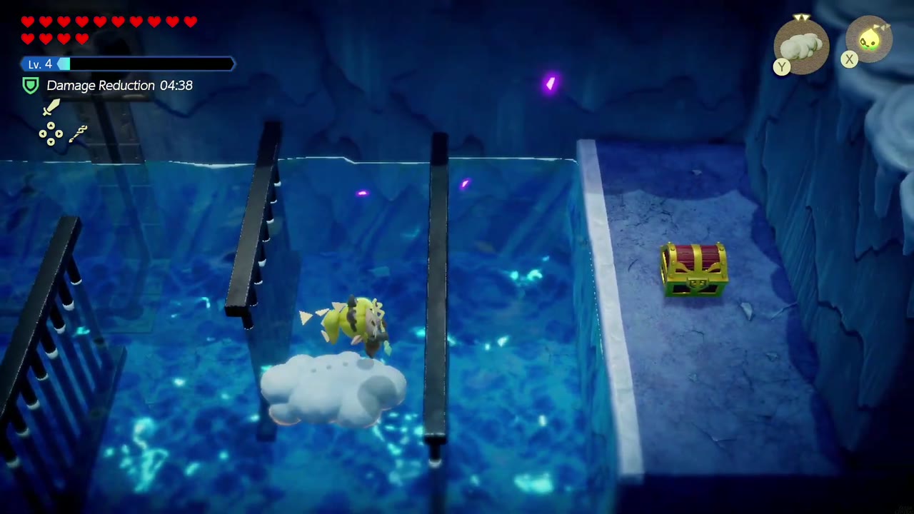 Lanayru Temple Dungeon - The Legend of Zelda: Echoes of Wisdom Walkthrough 60 Zelda rides Cloud echoes over the water toward the chest on the right-hand ledge.