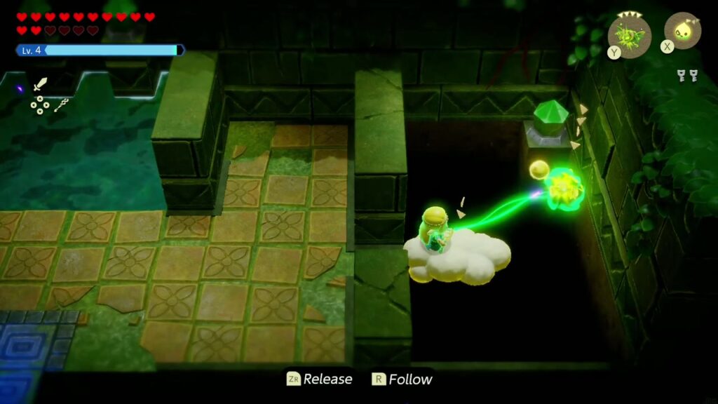 Faron Temple Dungeon - The Legend of Zelda: Echoes of Wisdom Walkthrough 36 Riding a Cloud, Zelda Binds an Electric Keese to hit a green crystal in the second crystal pit room.