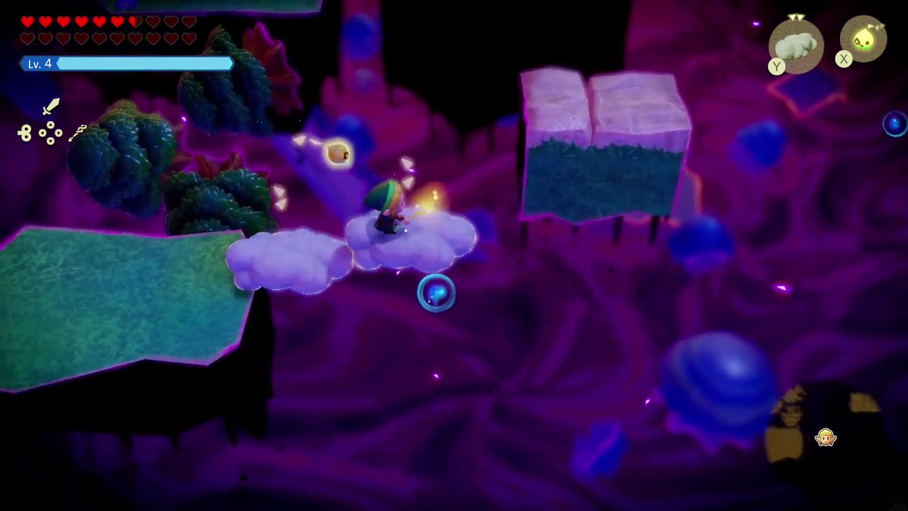 The Eternal Forest - The Legend of Zelda: Echoes of Wisdom Walkthrough 67 Zelda cloud-hops from a grass island toward a pale stone pillar over the void in the Stilled Ancient Ruins.