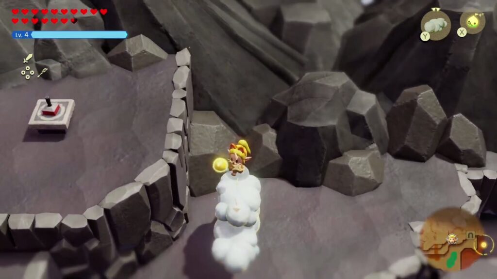 The Rift on Eldin Volcano - The Legend of Zelda: Echoes of Wisdom Walkthrough 90 Zelda rides a cloud over the lava falls to the grey-rock stamp stand high on Eldin Volcano.