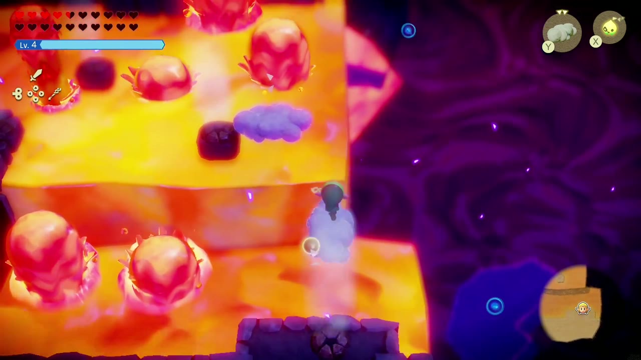 The Eternal Forest - The Legend of Zelda: Echoes of Wisdom Walkthrough 77 Zelda stacks Cloud echoes to climb over the lava platform in the Stilled Ancient Ruins.