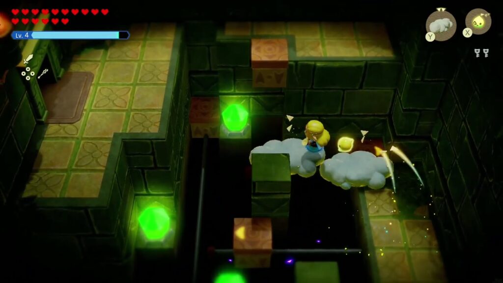 Faron Temple Dungeon - The Legend of Zelda: Echoes of Wisdom Walkthrough 28 Zelda rides Cloud echoes over the dark pits of Faron Temple's green crystal room.