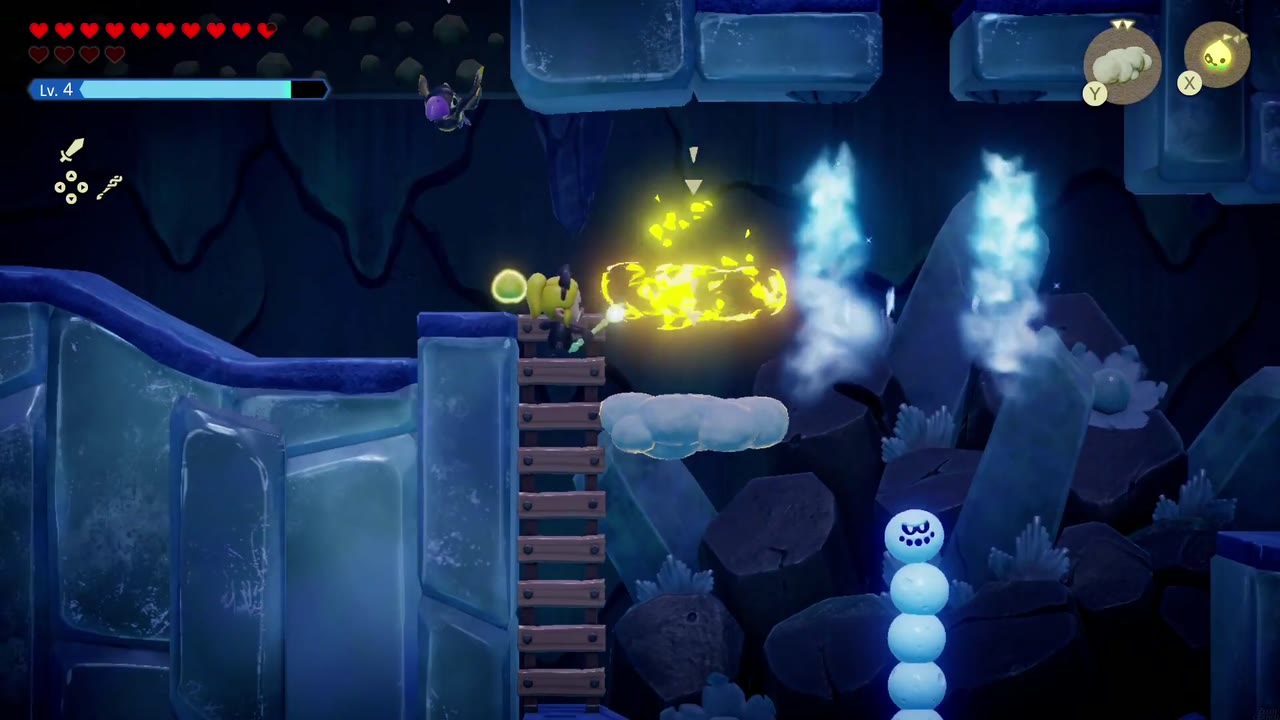 Lanayru Temple Dungeon - The Legend of Zelda: Echoes of Wisdom Walkthrough 10 In the side-on ice shaft, Zelda places a Cloud echo next to the ice geysers to climb past them.